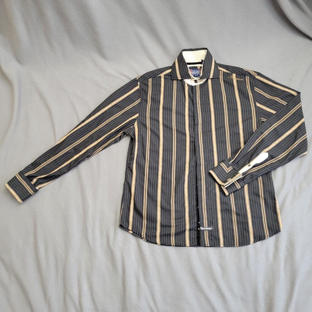 ENGLISH LAUNDRY Mens Large Dress Shirt Black Brown Plaid Hidden Placket Snap